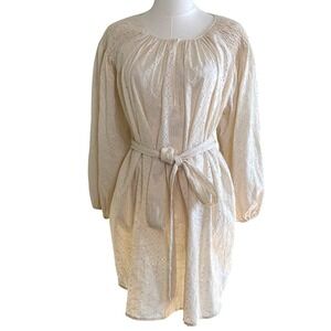 Marysia Resort Cream Eyelet Cotton Smocked Mini Dress Womens Medium Tie Waist